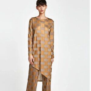 NWT Zara Gold Silver Check Asymmetric Tunic Top Dress Size Small Boho Lagenlook